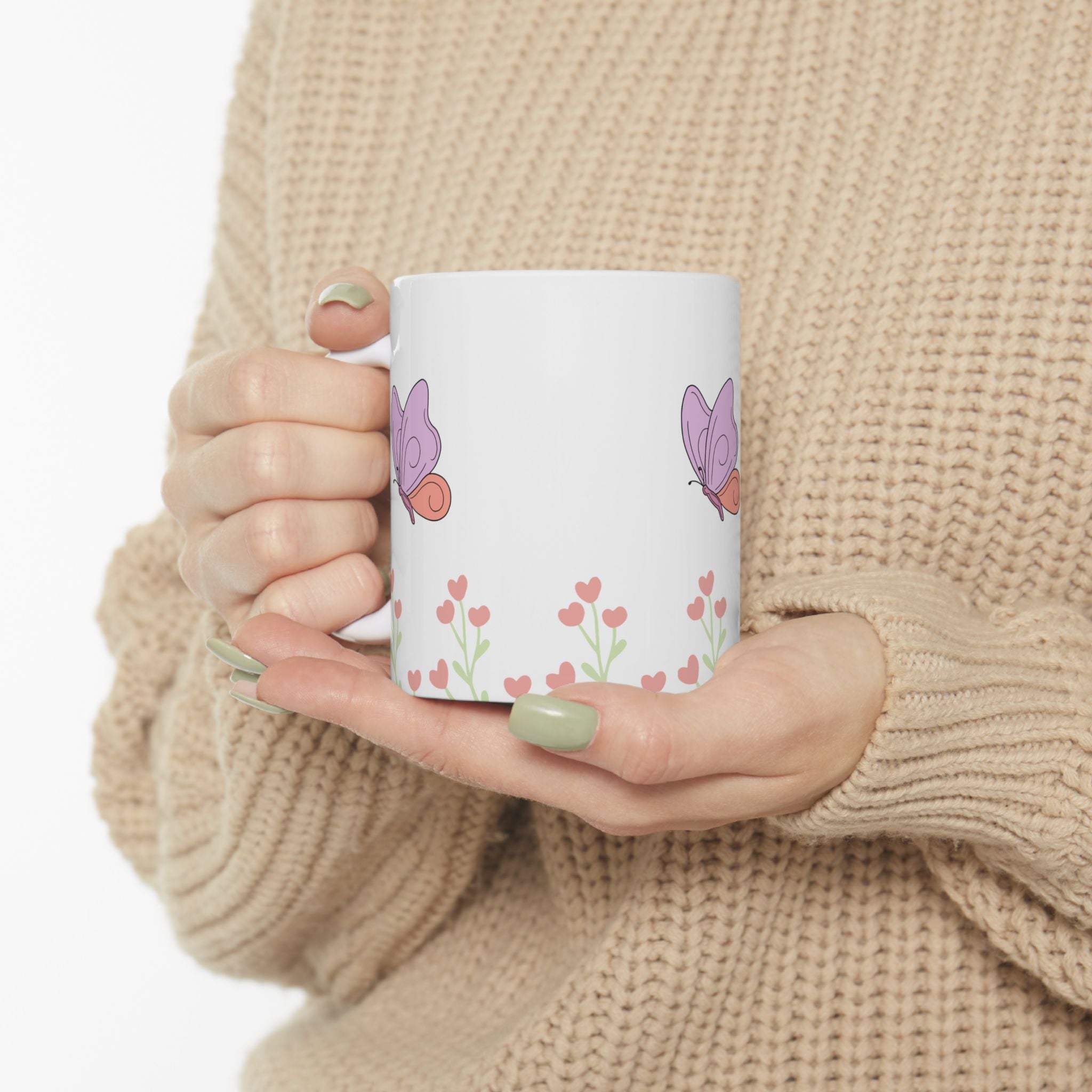 Butterfly Garden Ceramic Mug – Cute Pink Floral Butterfly Coffee Cup (11oz & 15oz)