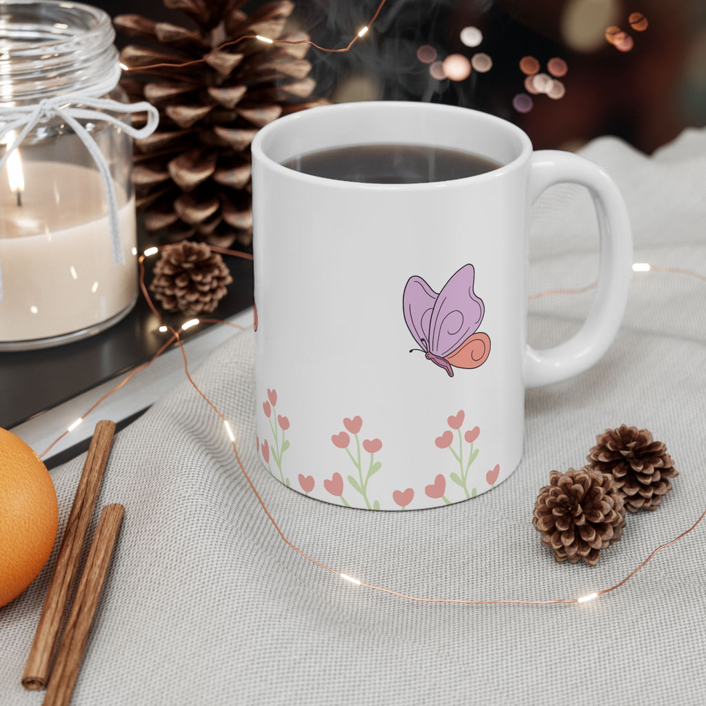 Butterfly Garden Ceramic Mug – Cute Pink Floral Butterfly Coffee Cup (11oz & 15oz)