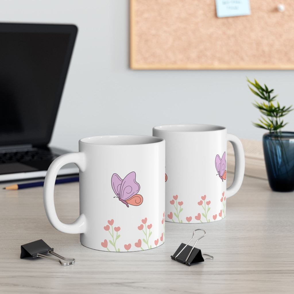 Butterfly Garden Ceramic Mug – Cute Pink Floral Butterfly Coffee Cup (11oz & 15oz)