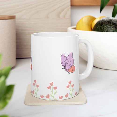 Butterfly Garden Ceramic Mug – Cute Pink Floral Butterfly Coffee Cup (11oz & 15oz)